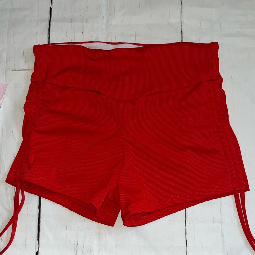 NEW SHEIN Red Swim Shorts Ruched Tie Sides Ribbed Large